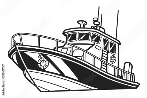 Monochrome Illustration of a Classic Fishing Boat Detailed Black and White Nautical Vessel Portrayal for Marine Enthusiasts and Vintage Art Lovers