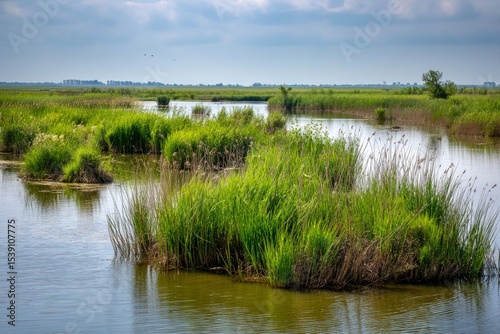 This flourishing wetland features lush reeds, serene waters, and various birds enjoying the natural habitat. The vibrant landscape showcases the beauty of wildlife and plant life in harmony
