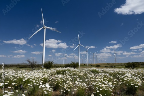Wind turbines rise majestically against a bright blue sky, surrounded by blooming wildflowers on a sunny day, showcasing a beautiful blend of nature and renewable energy