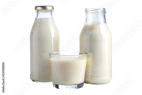 glass of milk and bottle of milk isolated image on transparent background