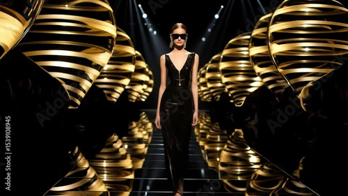 High Fashion Runway Show: Model in Black Dress & Sunglasses on Catwalk with Gold Abstract Decor. Luxury Style & Glamour Event Animation. 4K. 