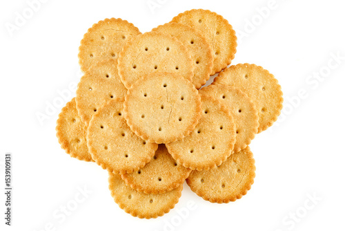Round salted cracker cookies isolated on white background. Snacks. Beer snack. Close-up