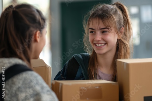 A young woman with a bright smile meets her new roommate in a dormitory. They are unpacking boxes together, creating a friendly connection in this lively environment