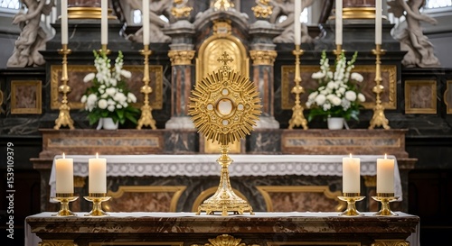 Catholic church altar eucharist monstrance candles and flowers religious ceremony and worship service gold