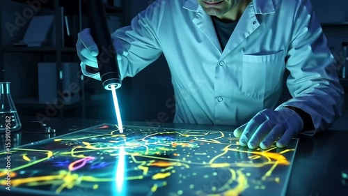 Scientist Analyzing Data with a Laser in Laboratory
