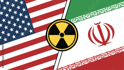 atomic danger symbol over usa and iran flags depicting nuclear weapons tension

