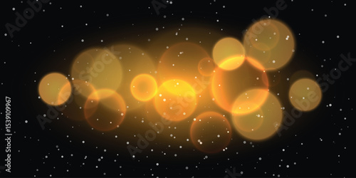 Large round and yellow light glare on the background of outer space with small, tiny stars