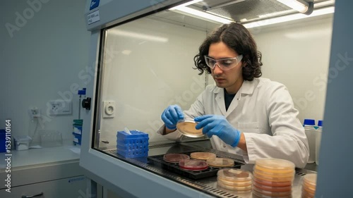 Scientist Analyzing Petri Dishes in Laboratory Environment