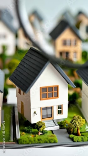 Examining scaled house models with magnifying glass, miniature residential neighborhood, real estate market research