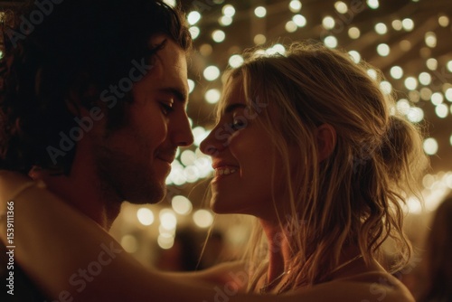 Under a canopy of twinkling fairy lights, a couple enjoys a slow dance, capturing moments of intimacy and tenderness in a soft, enchanting atmosphere filled with love
