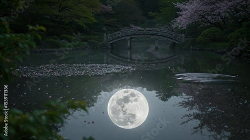 Serene Moonlit Reflection in a Tranquil Garden