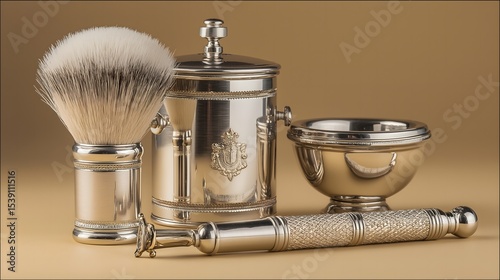 Elegant vintage shaving set with silver-plated brush, razor and accessories on neutral background