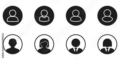 User and Business Avatar Icons in Filled and Outline Circular Frames Solid Icon Set. Professional and Anonymous Login Profile Placeholder Silhouette Symbol Collection. Isolated Vector Illustration