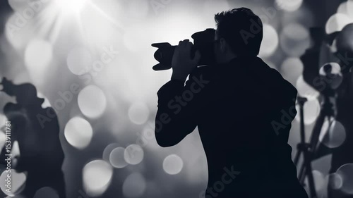 Paparazzi Photographer Silhouette at Red Carpet Event: Celebrity News & Media Coverage, Flashing Lights & Bokeh Background. 4K Video