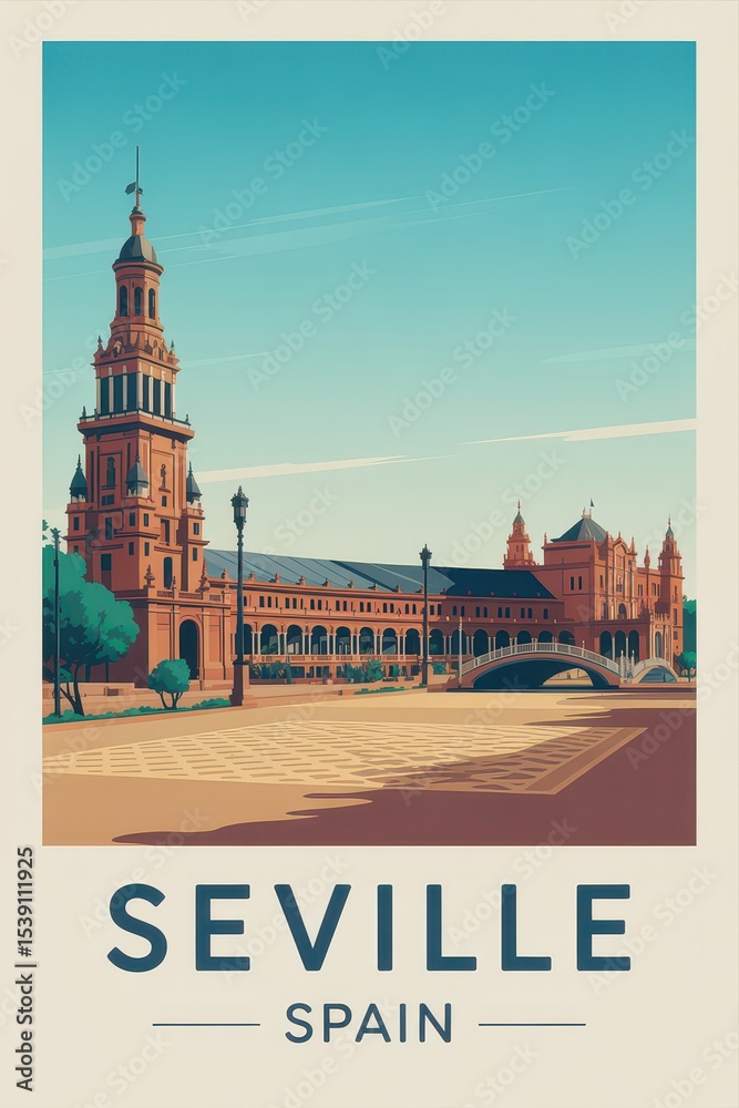 Obraz premium Vintage Travel Poster of Plaza de España in Seville, Spain