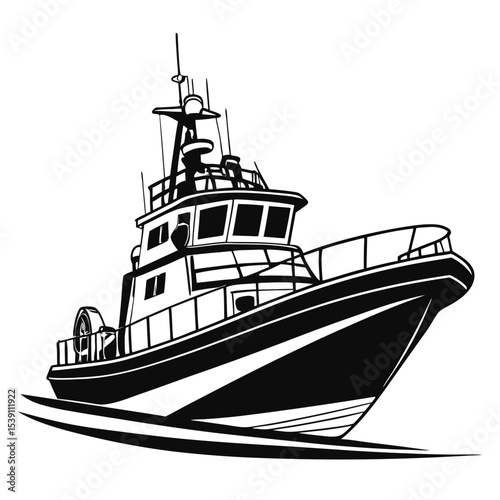 Detailed Monochrome Illustration of a Fishing Boat with Tower, Depicting Nautical Design and Marine Transportation