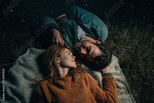 A couple enjoys a moment of tranquility as they lie on a blanket in a field, gazing at the stars above. Their hands intertwine, reflecting a deep emotional connection under the vast night sky