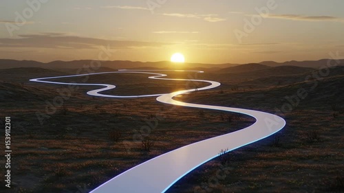 Serene sunset over winding pathway in tranquil landscape