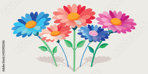 A captivating floral bouquet illustration featuring vibrant layered colorful flowers and green stems with transparency perfect for creative summer vacation illustration set designs.