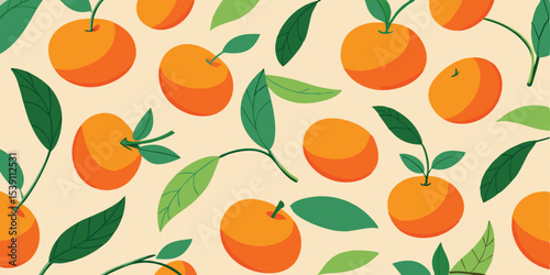 A delightful pattern of oranges and green leaves creating a fresh fruit themed seamless summer vacation illustration set perfect for your creative needs.