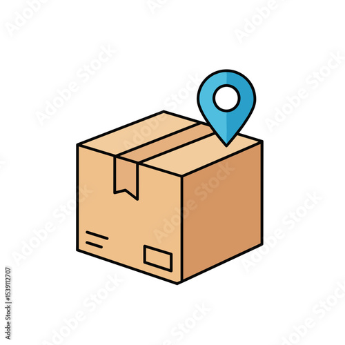 Package tracking icon with map pin on box in flat design  