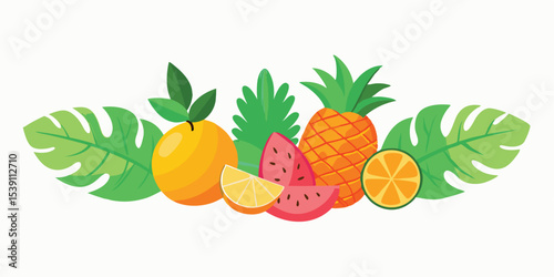 A vibrant summer illustration set of tropical fruits including pineapple orange watermelon and citrus with lush green leaves perfect for any project