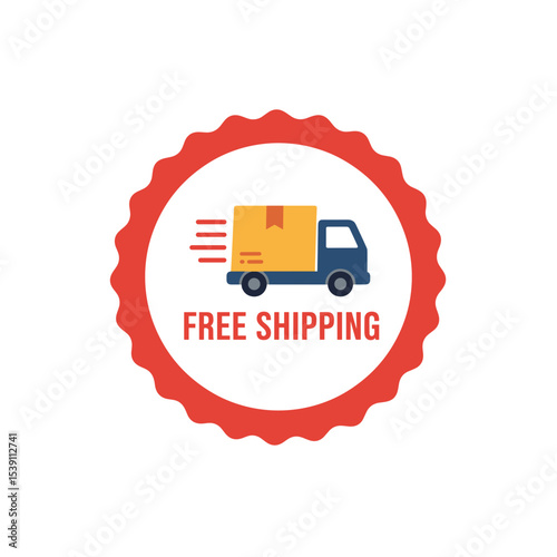 Free shipping badge icon with delivery truck in flat design  