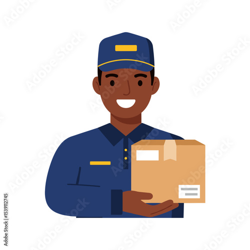 Delivery courier holding package and smiling in uniform outfit  