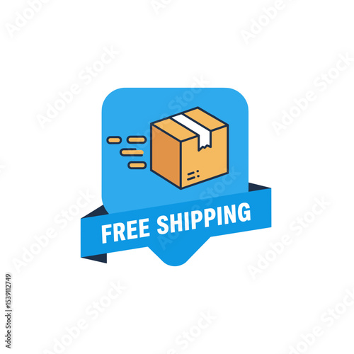 Free shipping badge icon with cardboard box on blue background  