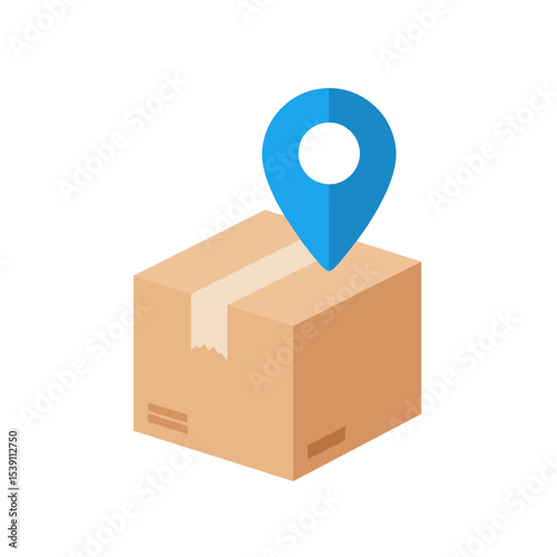 Package tracking icon with map pin on box in flat design  