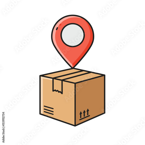 Package tracking icon with map pin on box in flat design  