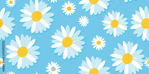 Beautiful daisy flower pattern with light blue background providing a fresh and delightful design suitable for a summer vacation illustration set.