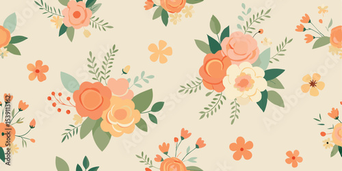 Beautiful floral pattern background featuring various flowers in shades of peach orange and yellow suitable for summer vacation illustration set and various creative design projects.