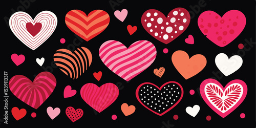 Collection of diverse and stylized hearts in various colors with different textures ideal for valentine's day designs and summer vacation illustration set