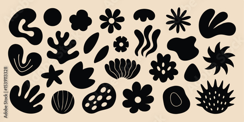 Collection of diverse black abstract shapes featuring floral and organic forms for summer vacation designs and creative illustration set