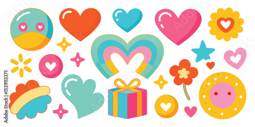 Colorful and cheerful vector illustrations of hearts flowers stars and other elements perfect for summer vacation illustration set design projects with transparent backgrounds