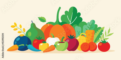 Colorful flat illustration set featuring various fruits and vegetables perfect for summer vacation designing projects with transparency