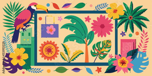 Colorful flat tropical illustration with a toucan, flowers, leaves, and a handbag, perfect for various design projects such as flyers and posters.