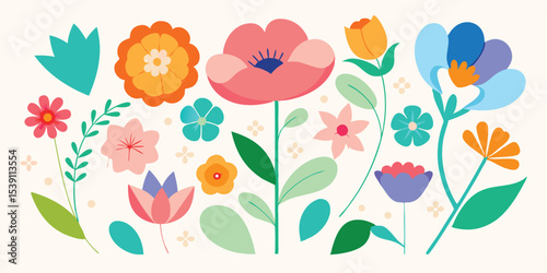Colorful floral illustration set with various stylized flowers featuring petals and stems perfect for summer vacation design and projects
