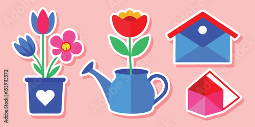 Colorful flowers watering can and envelopes summer vacation illustration set against a pink background for graphic design projects