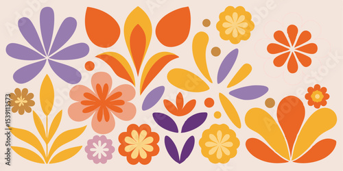 Colorful floral arrangement design with variety of geometric shapes in warm tones suitable for summer vacation illustration sets