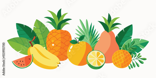 Colorful tropical fruit arrangement with pineapple, banana, watermelon, and orange elements featuring a summer vacation illustration set perfect for various creative designs.
