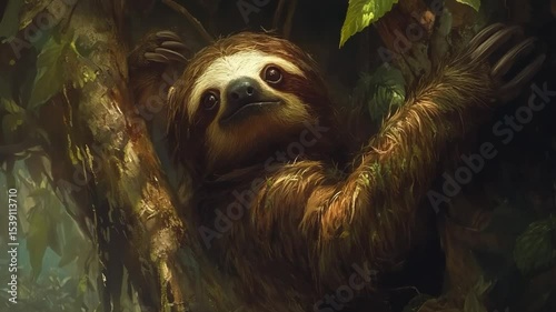 Sloth Climbing in Lush Jungle with Sunlight Filtering