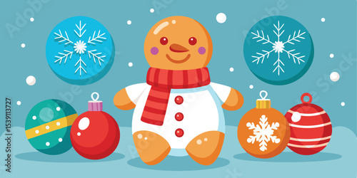 Cute cartoon snowman character with various christmas ornaments and decorative snowflake elements on a light blue color background for the festive season.