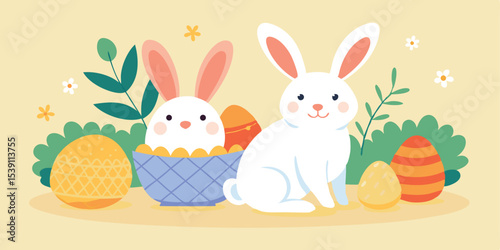 Cute illustrated easter bunnies with decorative easter eggs in a cheerful spring time design illustration ready for your summer vacation projects.