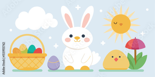 Cute easter elements featuring a bunny a chick an egg basket a sun and a multicolored umbrella perfect for holiday greetings and invitations