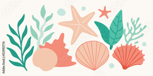 Decorative summer themed illustration set featuring seashells starfish and sea foliage elements suitable for coastal holiday designs