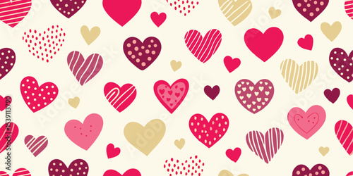 Decorative seamless repeating pattern featuring hearts of various styles and colors perfect for seasonal summer vacation illustrations.
