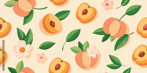Delightful illustration depicting a seamless pattern of peaches flowers and leaves perfect for creating beautiful summer vacation designs