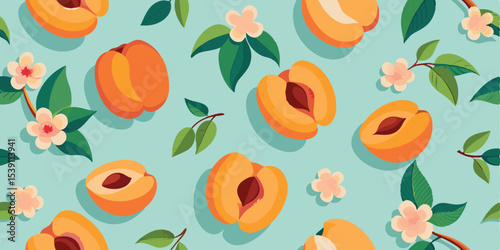 Delightful peach pattern with flowers and leaves on a light blue backdrop a fresh summer vacation illustration set perfect for any design